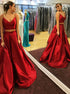 Two Piece Sexy Red Spaghetti Straps Satin Prom Dress with Pleats LBQ0019